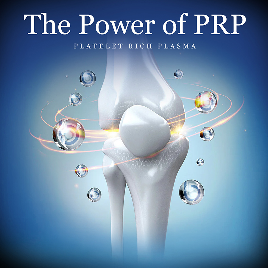 Illustrated knee joint with glowing rings around the joint to depict PRP therapy.