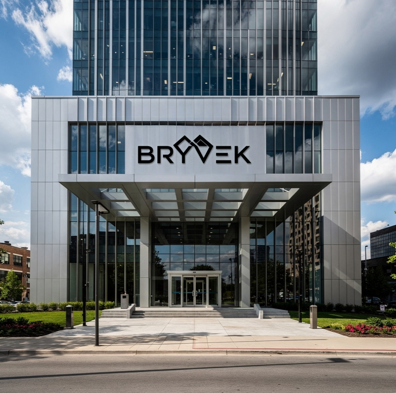 commanding-and-authoritative-corporate-office-buil 2 - Barbour Orthopaedics & Spine Modern office building with BRYV E K logo above a glass-covered entrance, blue sky in background.