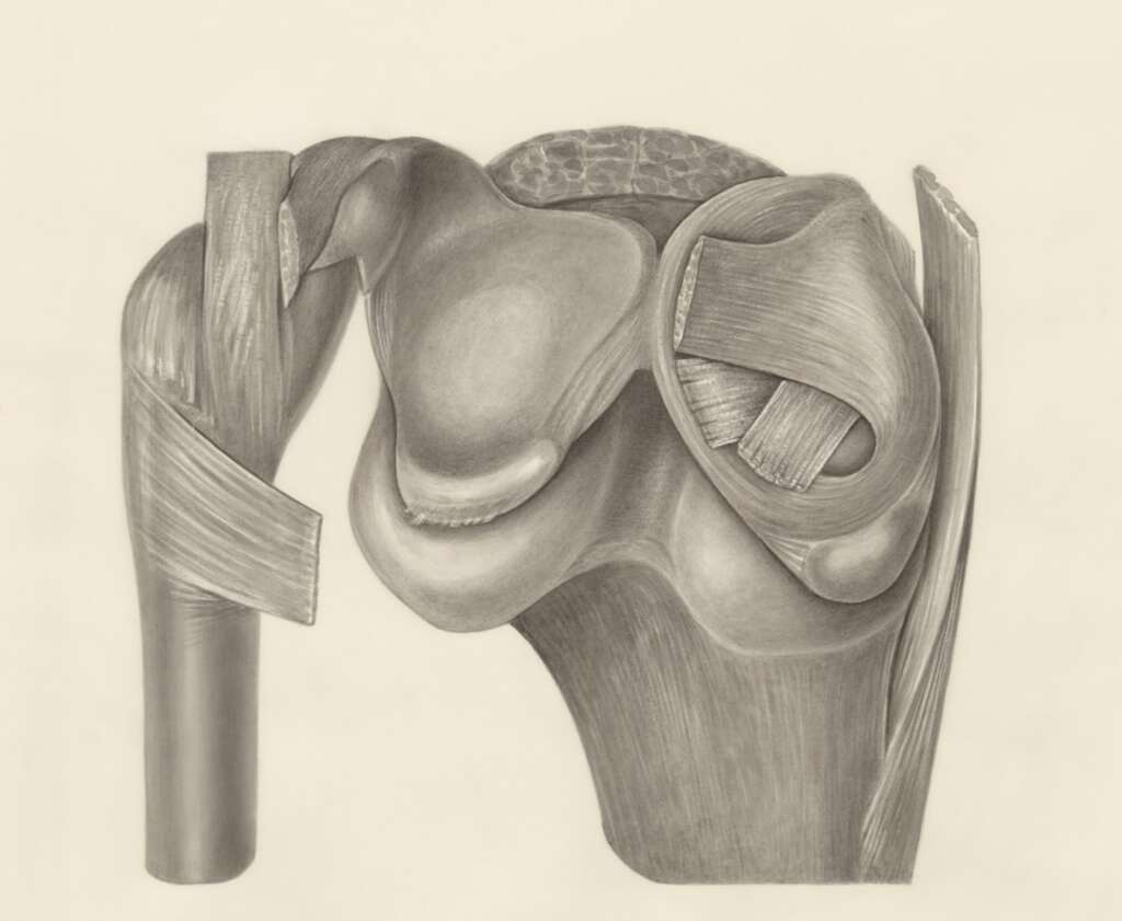 Detailed anatomical illustration of shoulder joint showing rotator cuff tendons and muscle attachments