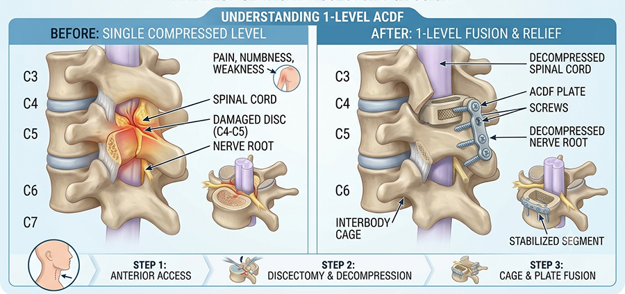 Cervical spine diagram showing before and after ACDF fusion with damaged disc and decompressed nerve on left, and plate, screws, and cage stabilizing the spine on the right, C3–C7