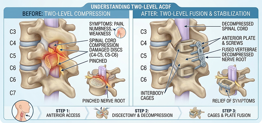 Two-panel cervical spine illustration: before—pinched nerve and damaged discs; after—decompressed cord with interbody cages and fusion plates.