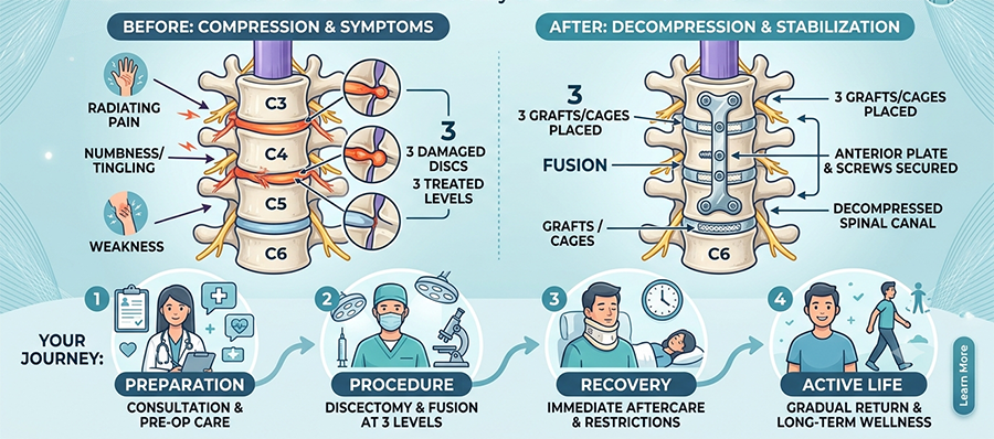 Infographic of spinal surgery: before compression symptoms on C3–C6, after decompression and stabilization with fusion explained.