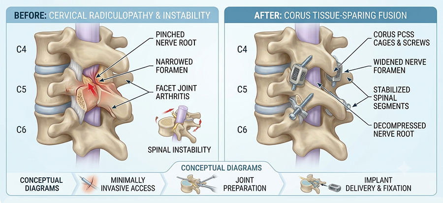 Before and after cervical spine fusion: left shows pinched nerve root, narrowed foramina and facet joint arthritis; right shows implants stabilizing the spine with widened foramina and decompressed nerve root.