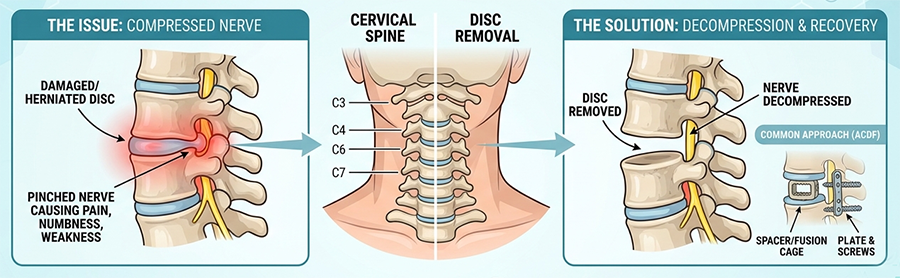 Diagram of a herniated disc causing nerve compression with labeled spine nerves and symptoms (pain, numbness, weakness) on the left panel, center shows cervical spine illustration, right panel outlines decompression surgery steps.