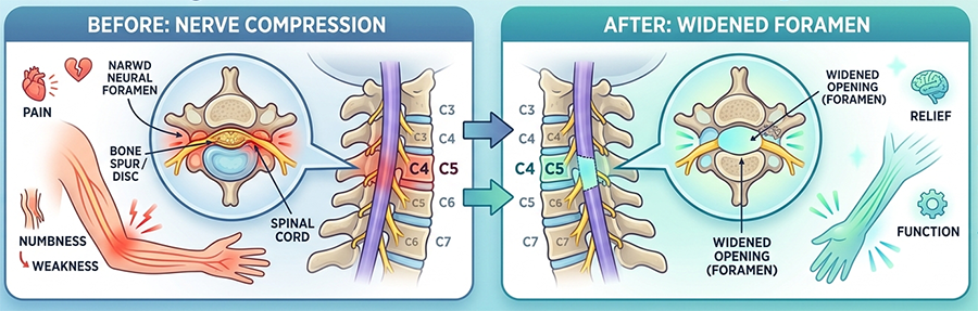 Left panel shows nerve compression in the spine causing pain, numbness, and weakness; right panel shows widened foramina with relief and better function.