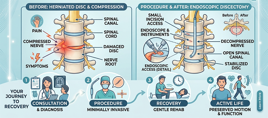 Infographic showing before and after spine surgery: a herniated disc with nerve compression, then endoscopic discectomy relieving compression and restoring canal function, followed by a four-step recovery path from consultation to active life.