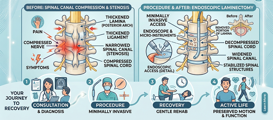 Infographic showing spinal stenosis before and after endoscopic laminotomy with steps: consultation, minimally invasive procedure, recovery, and active life restoration.