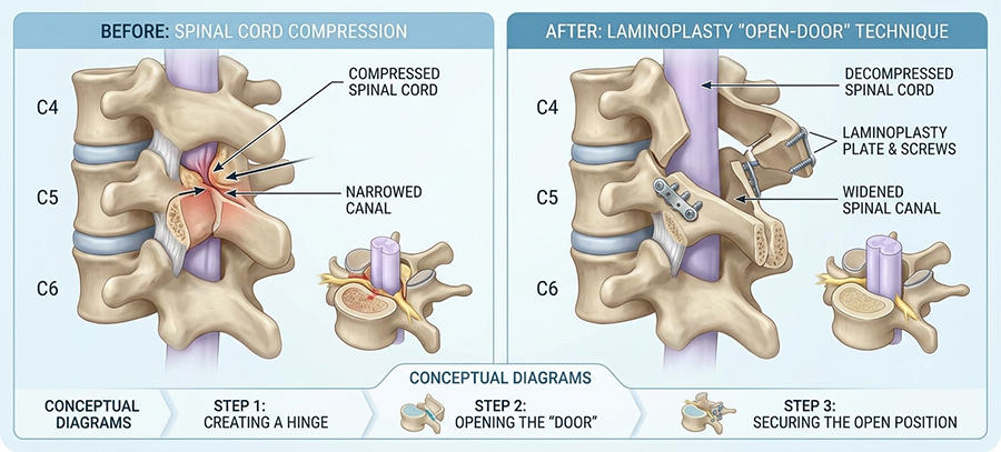 Two-panel cervical spine diagram: before shows compressed canal at C5; after shows widened canal with laminoplasty plate, screws, and decompressed spinal cord at C4–C6.