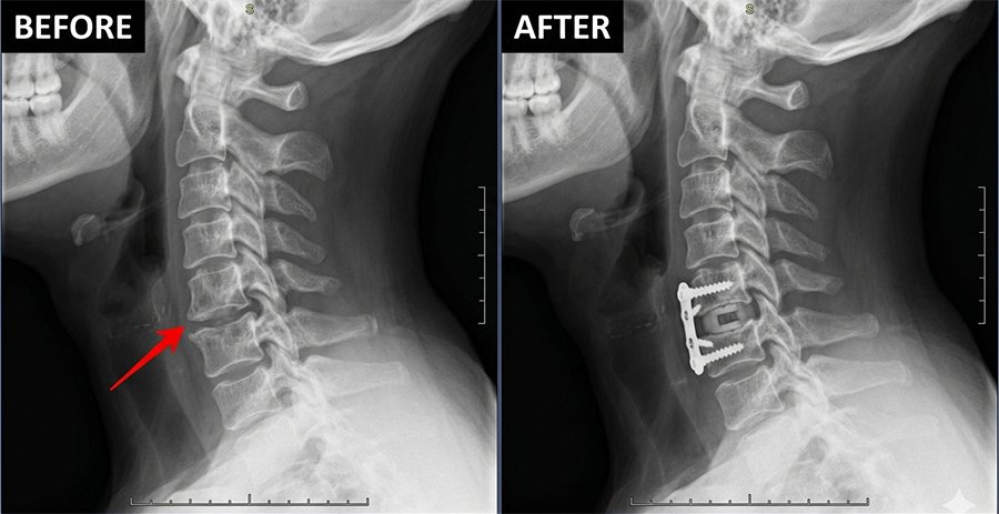 Before image: lateral neck X-ray showing a cervical fracture at the lower spine (red arrow).