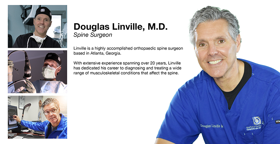 Profile header for Douglas Linville, M.D., spine surgeon, with three inset photos on the left and a smiling physician in blue scrubs on the right.