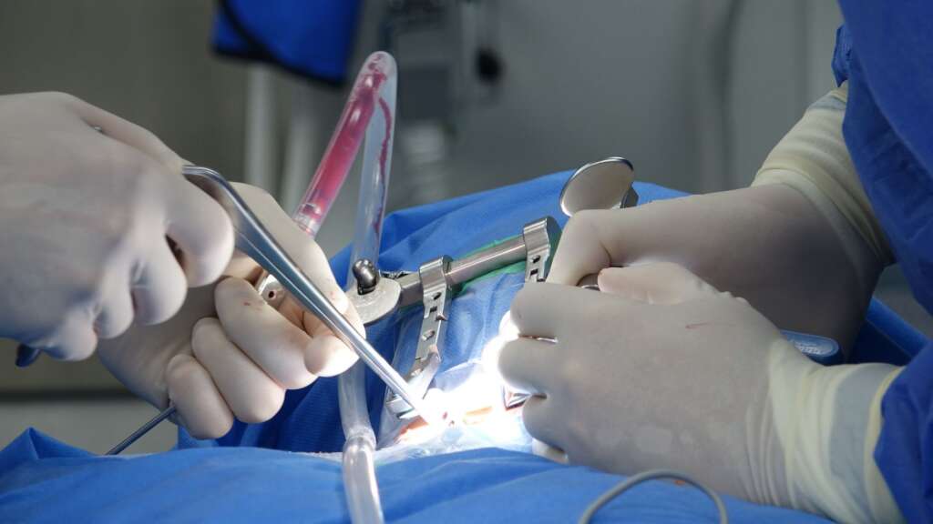 Surgeons performing a spinal surgery procedure in a hospital operating room
