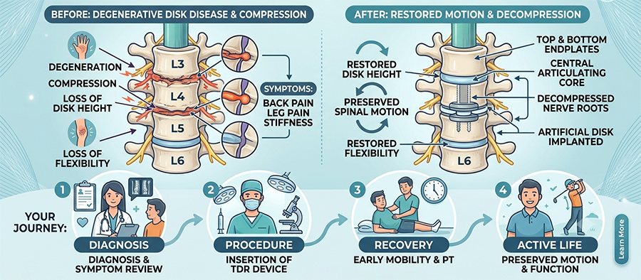 total disk replacement header - Barbour Orthopaedics & Spine Infographic showing a spine with labels L3-L6 before (degenerative disk disease) and after (restored motion) with four steps: Diagnosis, Procedure, Recovery, Active Life.